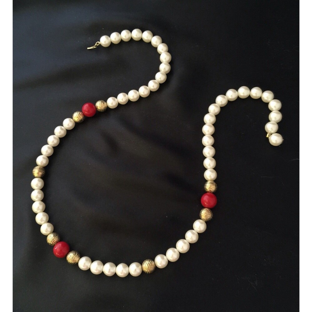 Vintage 1980s Faux Pearl Bead Necklace Red Accent Gold Tone - 2Z